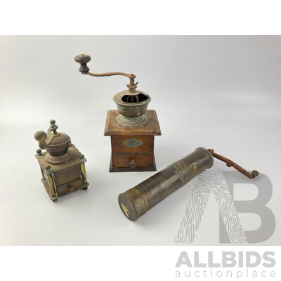 Vintage Kitchen Grinders Including Leinbrocks Ideal Coffee Grinder, Brass Spice and Pepper Grinders