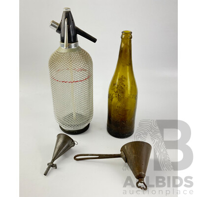 Vintage Soda Siphon, Resch's Limited Sydney Beer Bottle, 1940's Tin Funnel with Tap and Cone Sifter