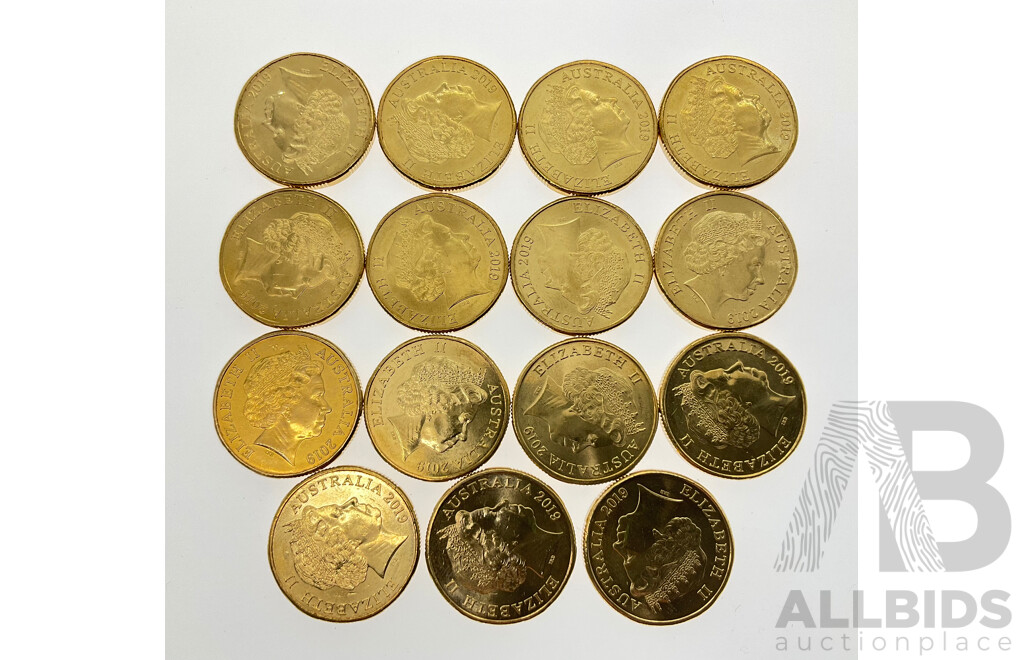 Australian 2019 One Dollar Coins, Mob of Roos, 'A' 'U' 'S'  Privy Marks(15)