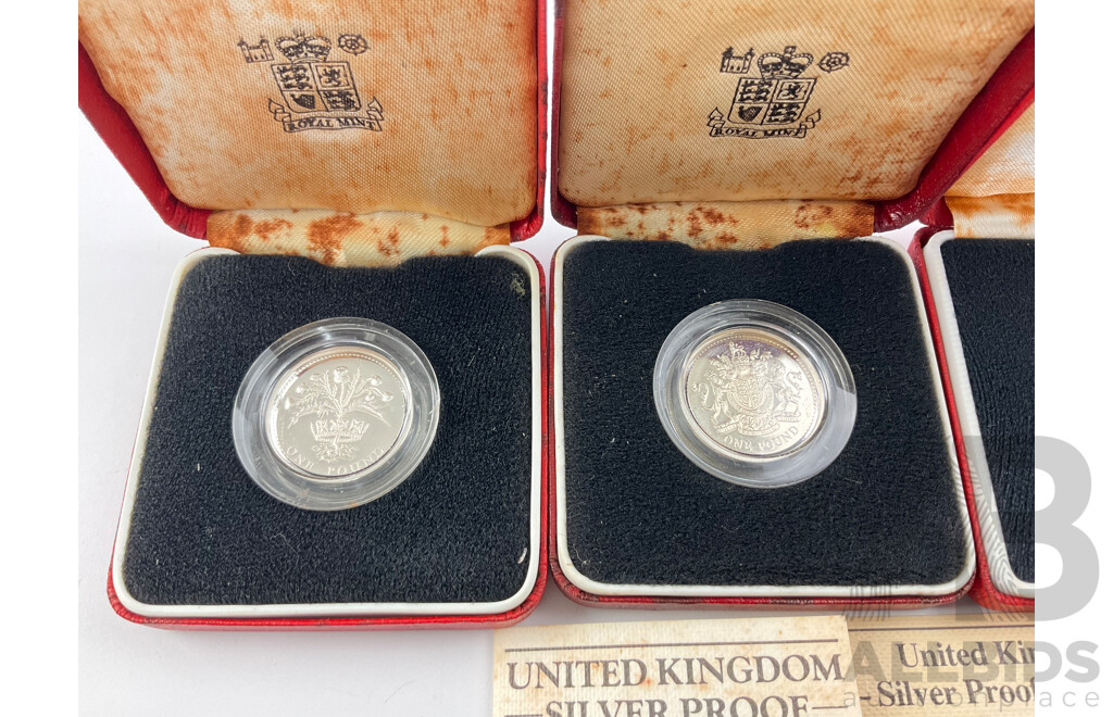 United Kingdom 1983 - 1986 Commemorative One Pound Piedfort Silver Proof Coins .925