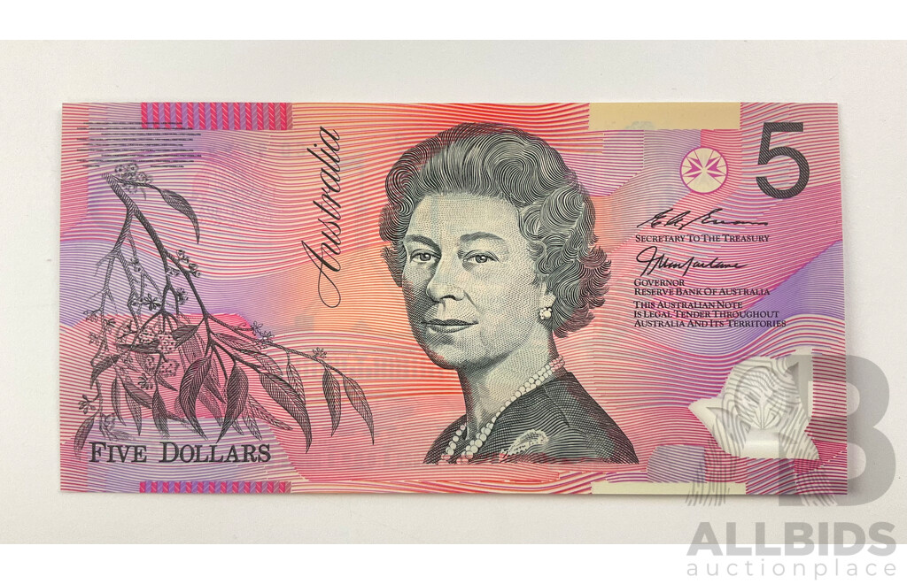 Australian 1997 UNC Five Dollar Polymer Test Note  Macfarlane/Evans R218BTI