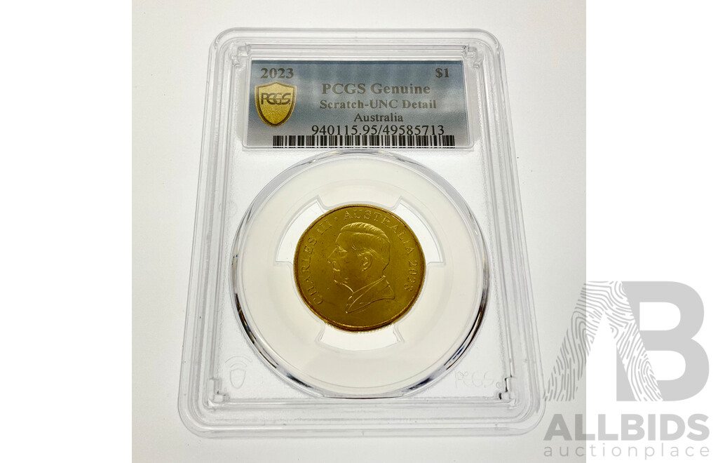 Australian 2023 One Dollar Coin Coin, KCIII PCGS Genuine Scratch-UNC Detail