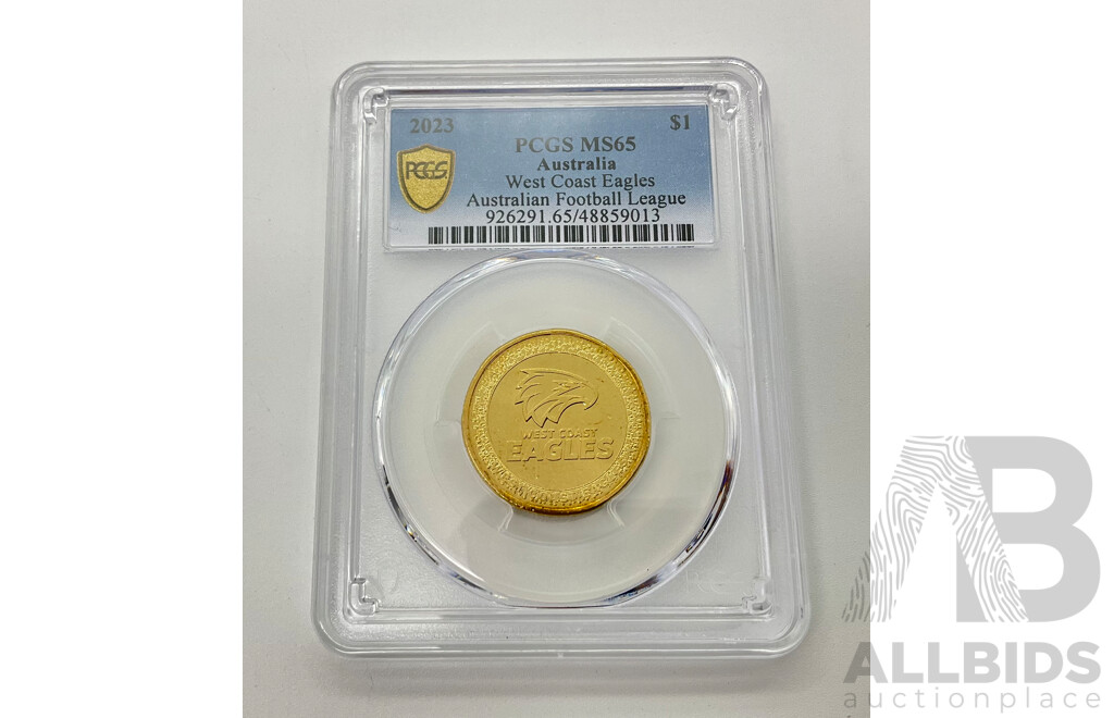 Australian 2023 One Dollar Coin, West Coast Eagles AFL, PCGS MS-65