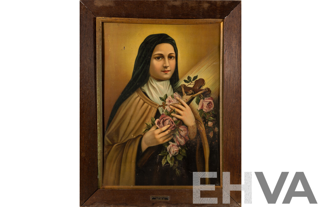 Artist Unknown, St Therese of Lisieux, Antique Paint Print on Tin, 71 x 56 cm (frame)