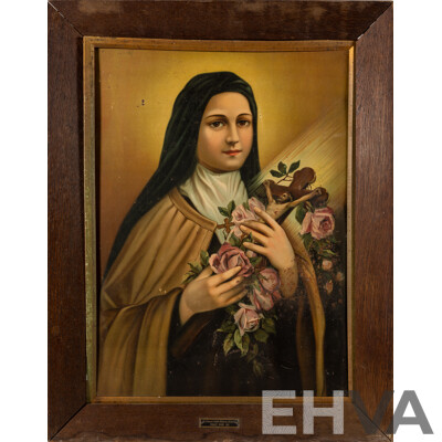 Artist Unknown, St Therese of Lisieux, Antique Paint Print on Tin, 71 x 56 cm (frame)