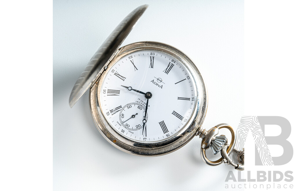Adina 17 Jewels Incabloc Vintage Silver Tone Vintage 48mm Pocket Watch