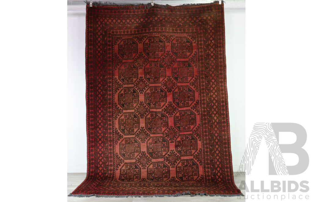 Large Vintage Hand Knotted Afghan Carpet with Classic Washed Out Madder Red Elephants Foot Gul Design