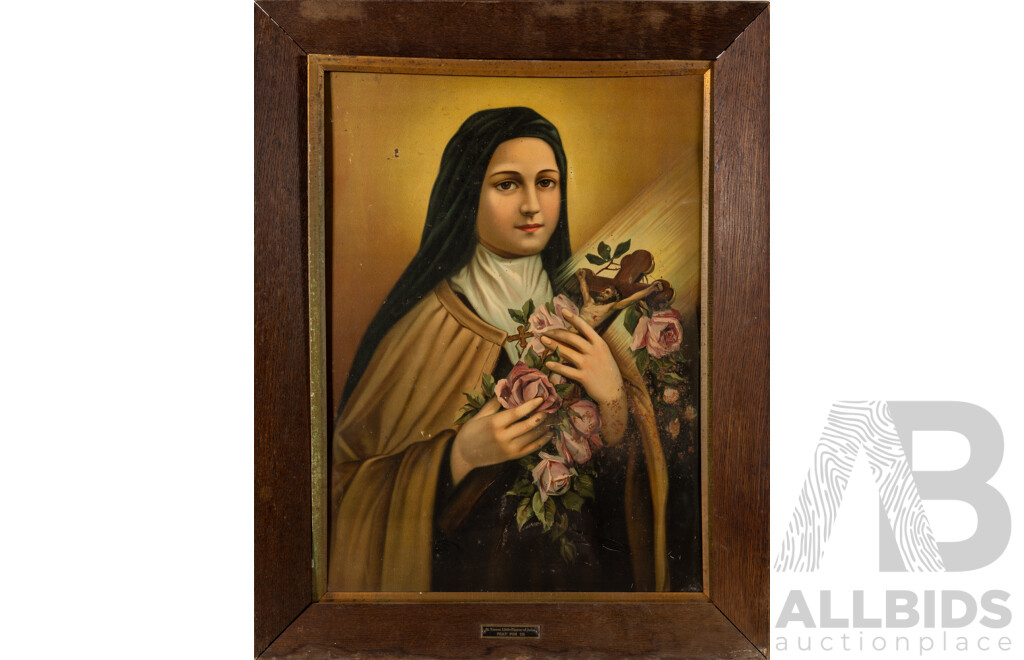 Artist Unknown, St Therese of Lisieux, Antique Paint Print on Tin, 71 x 56 cm (frame)