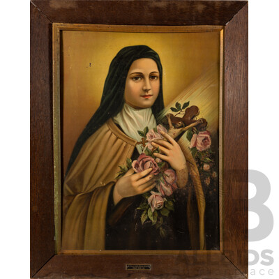 Artist Unknown, St Therese of Lisieux, Antique Paint Print on Tin, 71 x 56 cm (frame)