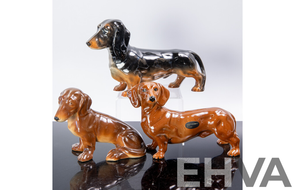 Collection Three Ceramic Dachshund Figures Including Beswick and Copperart Examples