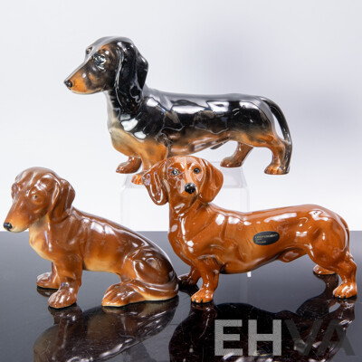Collection Three Ceramic Dachshund Figures Including Beswick and Copperart Examples
