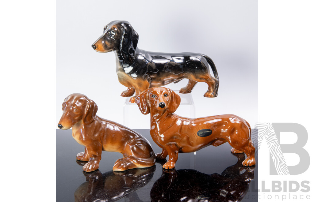 Collection Three Ceramic Dachshund Figures Including Beswick and Copperart Examples