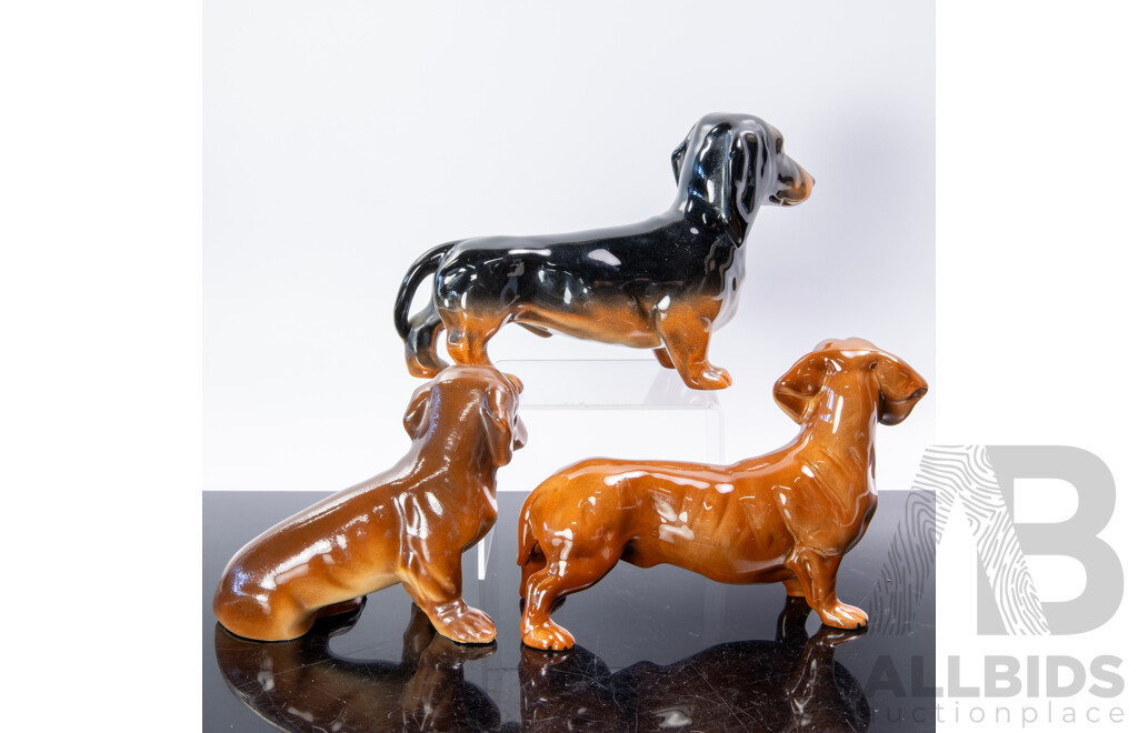 Collection Three Ceramic Dachshund Figures Including Beswick and Copperart Examples