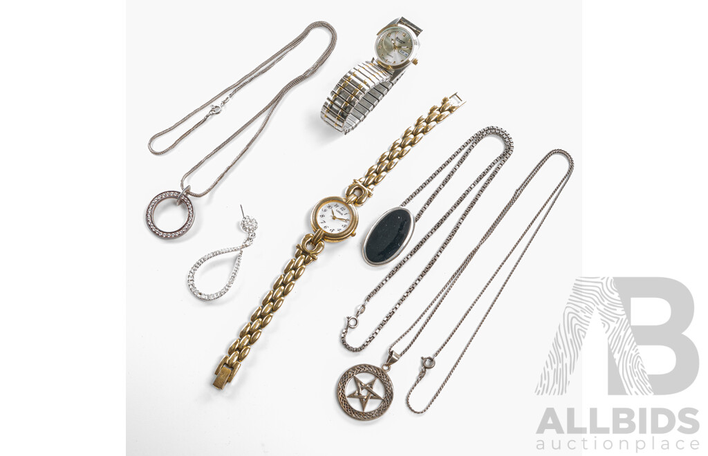 Collection of Vintage Sterling Silver Pendant on Necklaces, 36.16 Grams with Lorus & Sharp Gear Ladies Dress Watches