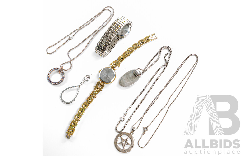 Collection of Vintage Sterling Silver Pendant on Necklaces, 36.16 Grams with Lorus & Sharp Gear Ladies Dress Watches