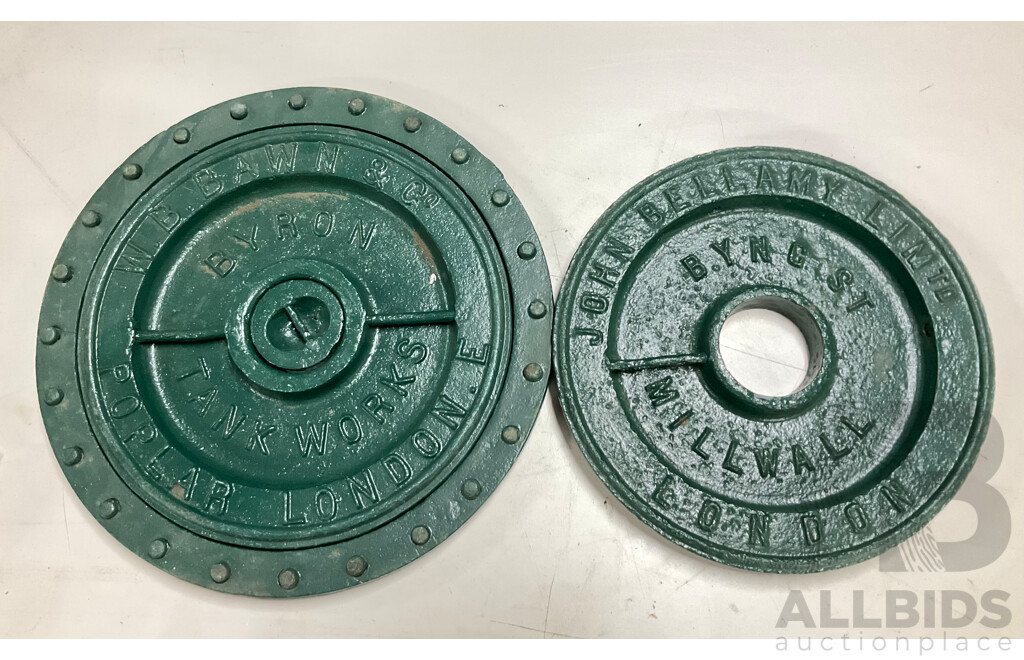 Two Antique Cast Iron Tank Lids, Byron Tank Works and John Bellamy Limited