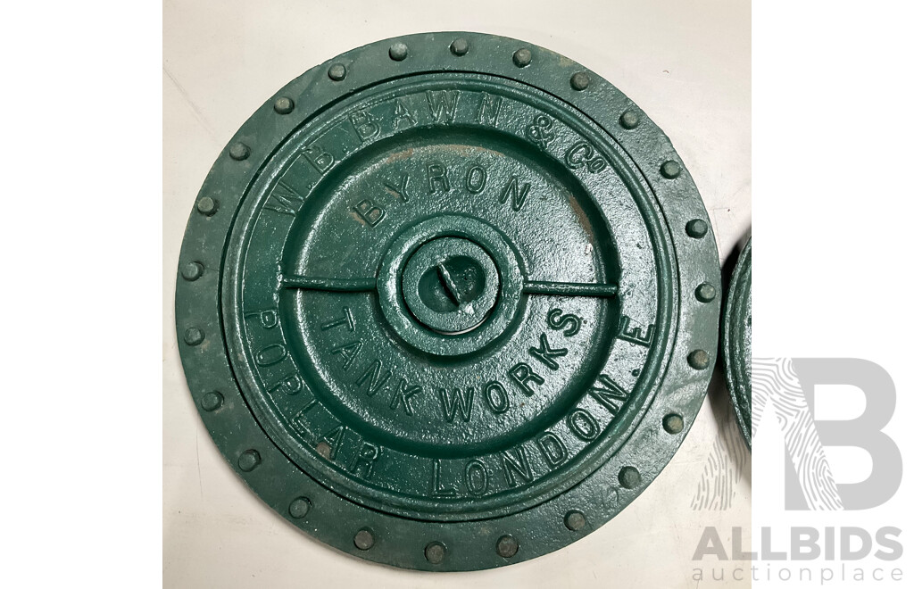 Two Antique Cast Iron Tank Lids, Byron Tank Works and John Bellamy Limited