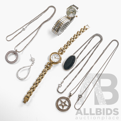 Collection of Vintage Sterling Silver Pendant on Necklaces, 36.16 Grams with Lorus & Sharp Gear Ladies Dress Watches