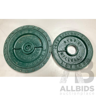 Two Antique Cast Iron Tank Lids, Byron Tank Works and John Bellamy Limited