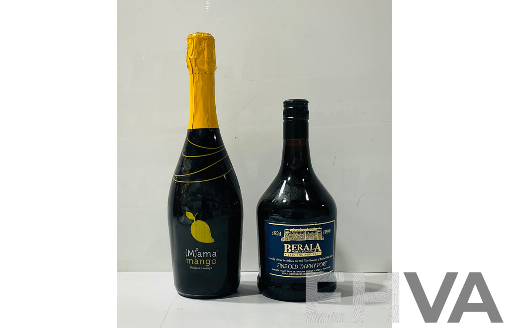 750ml Bottle of MamaMango Moscato and Mango Cocktail and 750ml Berala 75th Reunion Anniversary Fine Old Tawny Port