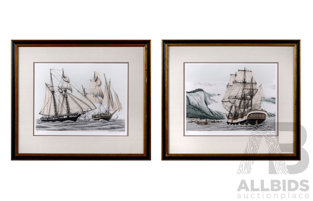 Alan Jay Gaines, (20th Century, American, 1942-), The Columbia and The Enterprise, Pair of Original Hand Coloured Etchings Showcasing Momentous Events in American History, 55 x 63 cm (frames) (2)