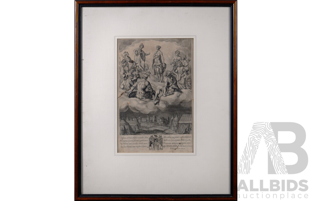 Pierre Lombart (French, 1613-1682) Engraving and Francis Cleyn (German, 1582-1658), The Council of the Gods, Print Engraving of Book Illustration, 53 x 43 cm (frame)