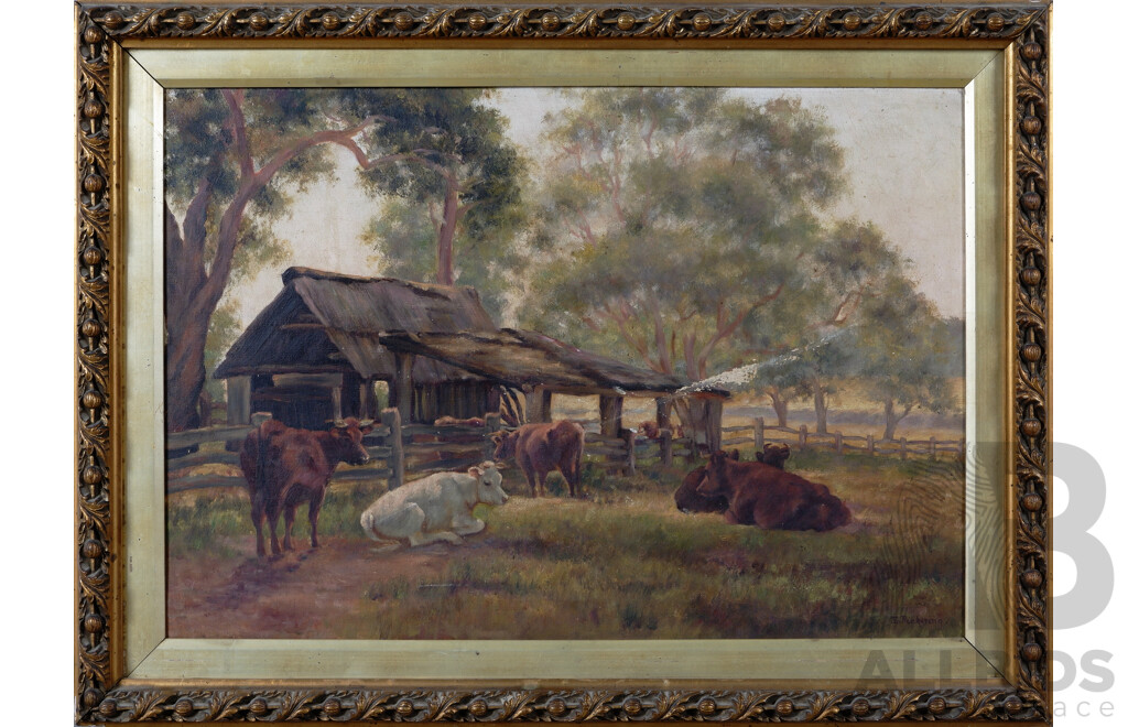 E. Pickering, (Australian, Late 18th/Early 19th Century), Cows at Rest, Vintage Oil on Canvas, 58.5 x 79 cm (frame)