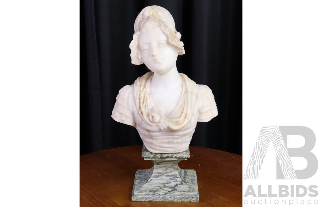 White Marble Bust of a Maiden in Bonnet