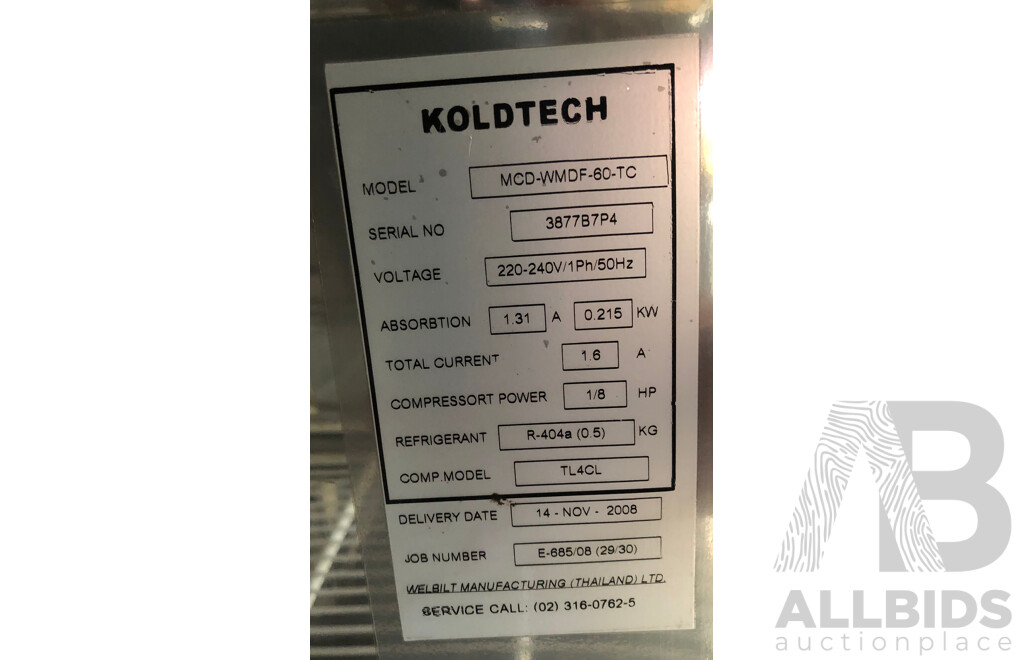 Koldtech Single Door Under Bench Glass Door Fridge