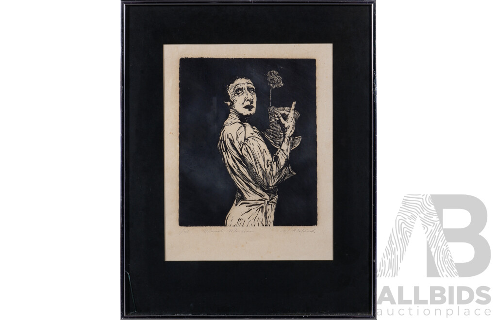 M.L.Waldach(?) (Date Unknown), Marcel Marceau, Woodcut on Paper, 49 x 39 cm (frame)