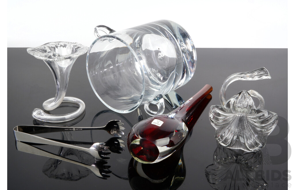 Collection Art Glass Including Murano Sommerso Ruby Glass Teardrop Bud Vase, Krosno Ice Bucket & Two Studio Flower Form Vases