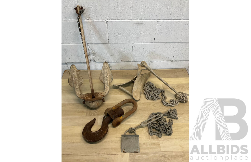 Vintage Boat Anchors, Chains and Hook