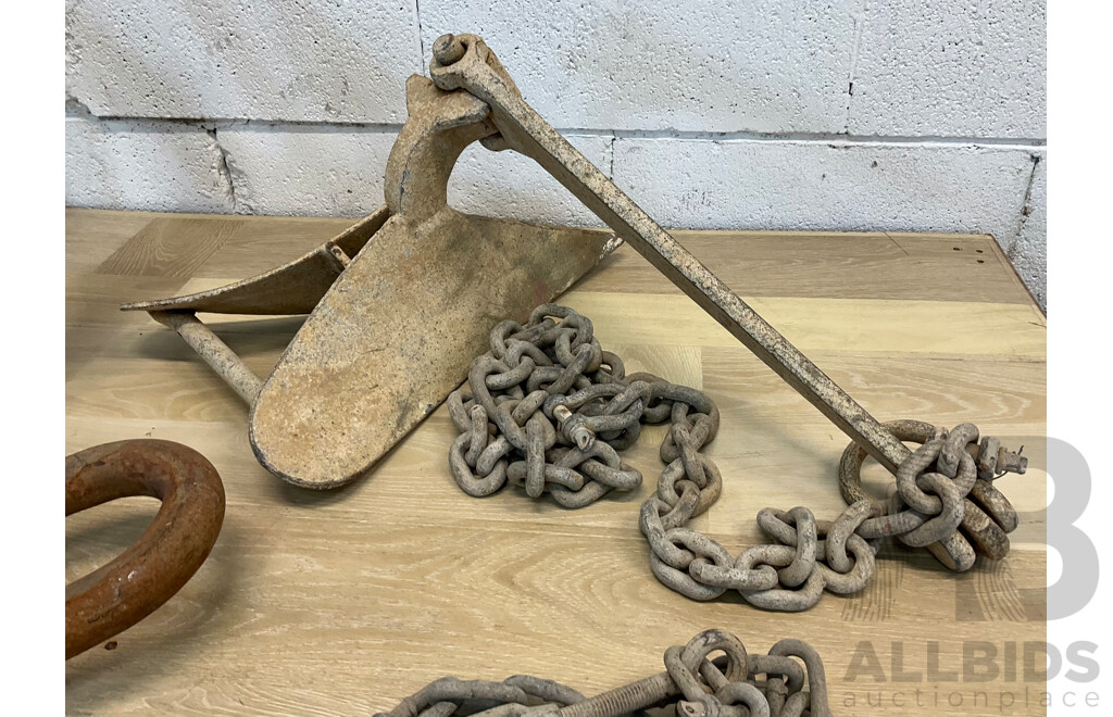 Vintage Boat Anchors, Chains and Hook