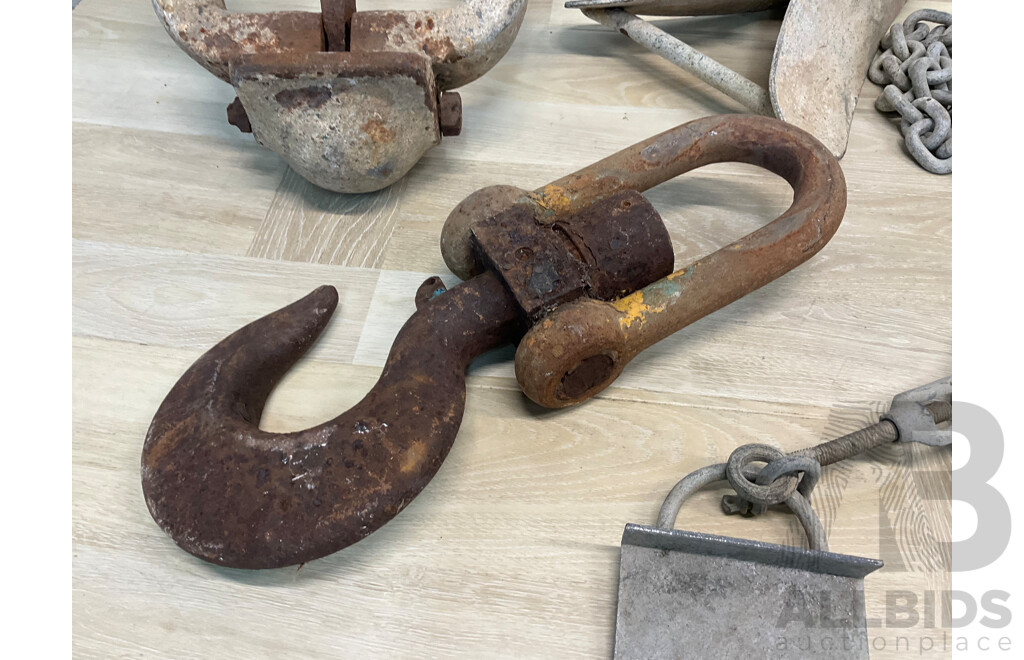 Vintage Boat Anchors, Chains and Hook