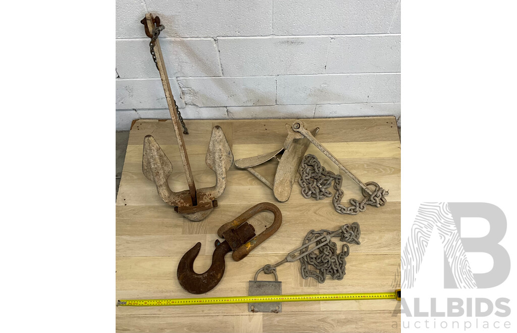 Vintage Boat Anchors, Chains and Hook