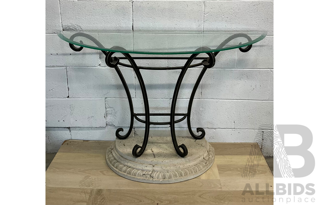 Wrought Iron Stone Demilune Glass Top Hall Table