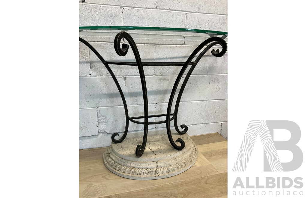 Wrought Iron Stone Demilune Glass Top Hall Table