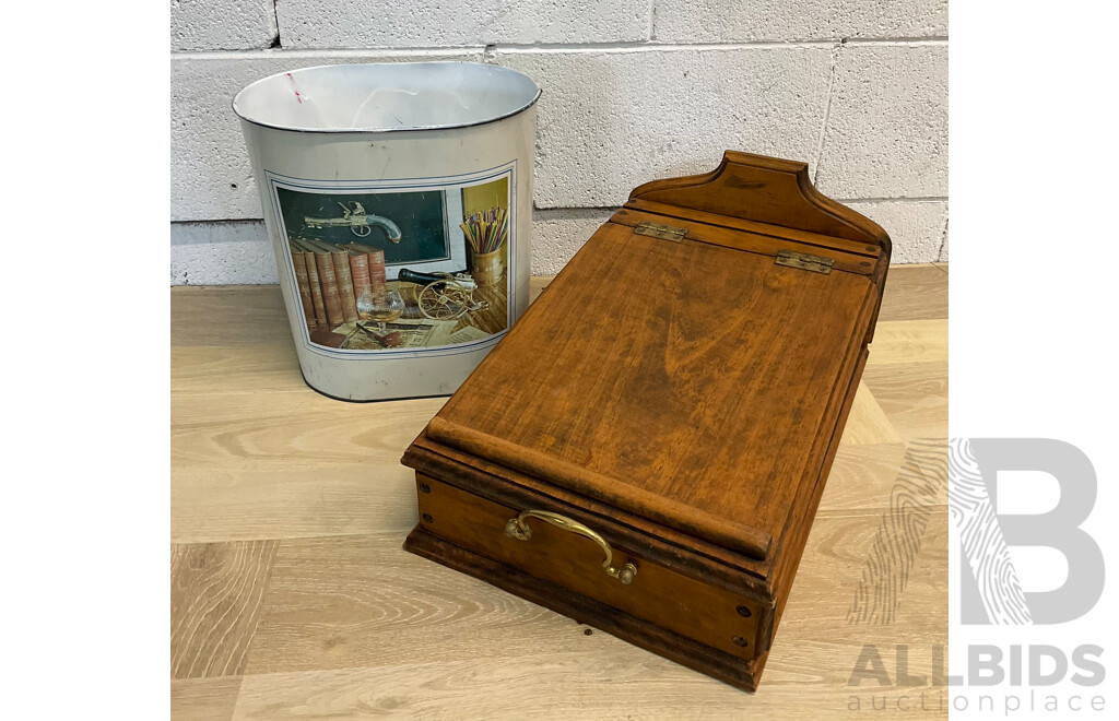 Pine Lift Top Desk Organiser with Oval Enamelware Waste Basket