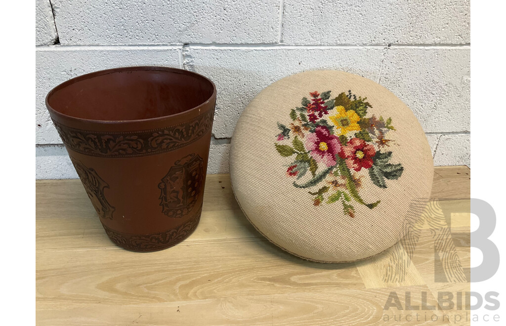 Italian Florentine Leather Bound Waste Basket with Embroidered Footstool