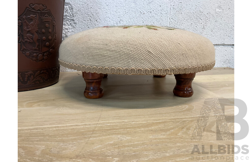 Italian Florentine Leather Bound Waste Basket with Embroidered Footstool