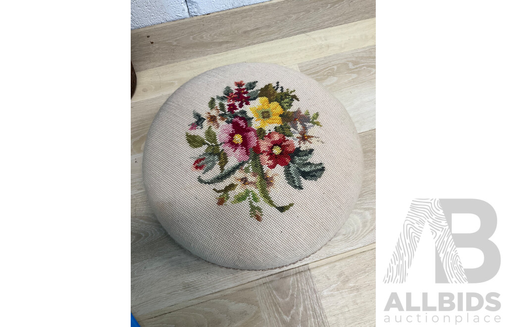 Italian Florentine Leather Bound Waste Basket with Embroidered Footstool