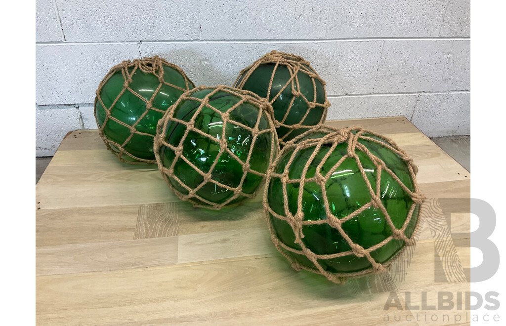 Vintage Hemp Rope Bound Green Glass Fishing Float - Lot of 4