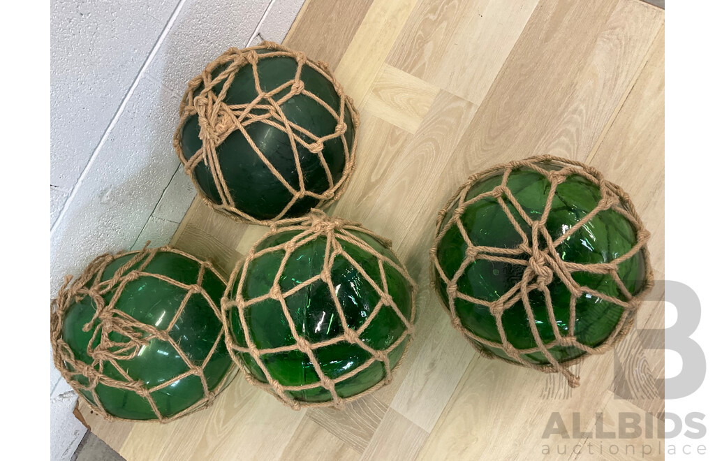 Vintage Hemp Rope Bound Green Glass Fishing Float - Lot of 4