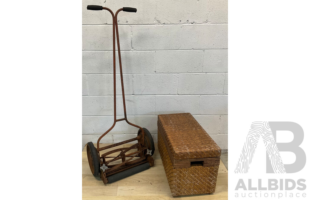 Vintage Push Lawn Mower and Rattan Over Wood Basket Hamper - Lot of 2