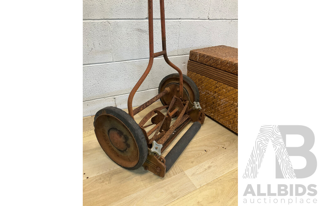 Vintage Push Lawn Mower and Rattan Over Wood Basket Hamper - Lot of 2