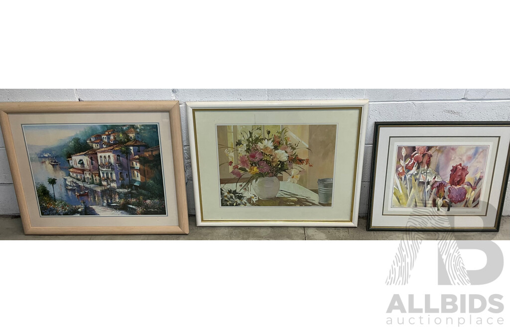 Lot of 3 Picturesque Framed Artworks - Floral and Riverside