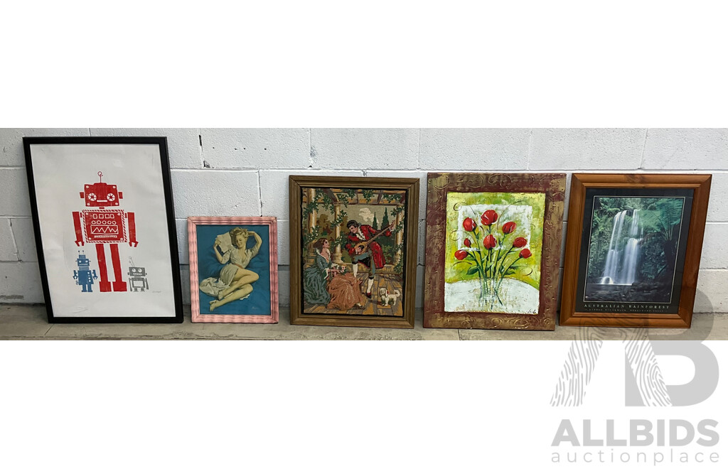 Lot of 5 Artworks - Graphic, Painting, Needlepoint & Photo