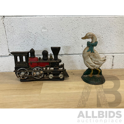 Vintage Cast Iron Locomotive and Duck Form Door Stops