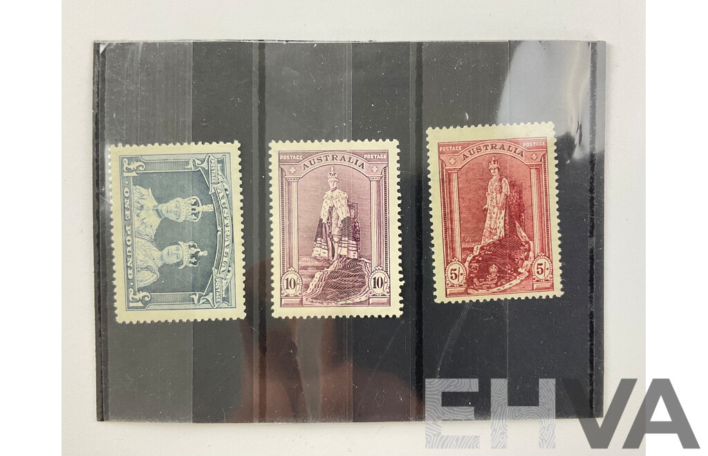 Rare Australian 1938/1948 Mint Stamps, One Pound, Ten Shillings, Five Shilling