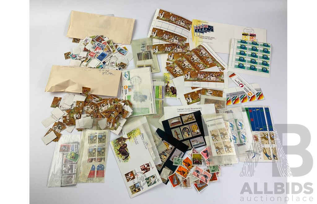 Collection of Australian, PNG, Norfolk Islands Mint, Blocks and Canceled Stamps Including Cook Bicentenary, Telecom Australia, Pioneer Series and More